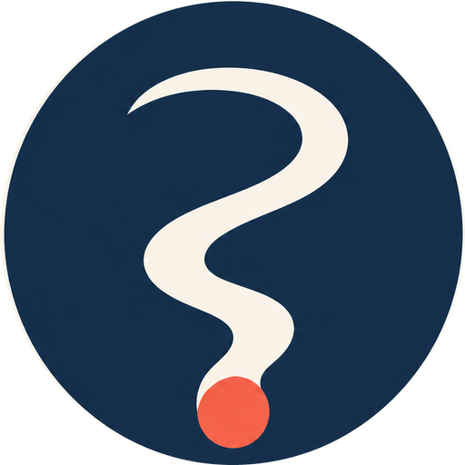Hvor skal vi hen, du? logo — mørkeblå cirkel med hvidt spørgsmålstegn og koralfarvet punkt