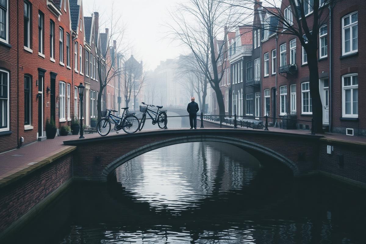 Kanal i Amsterdam med gavlhuse, bro og cykler