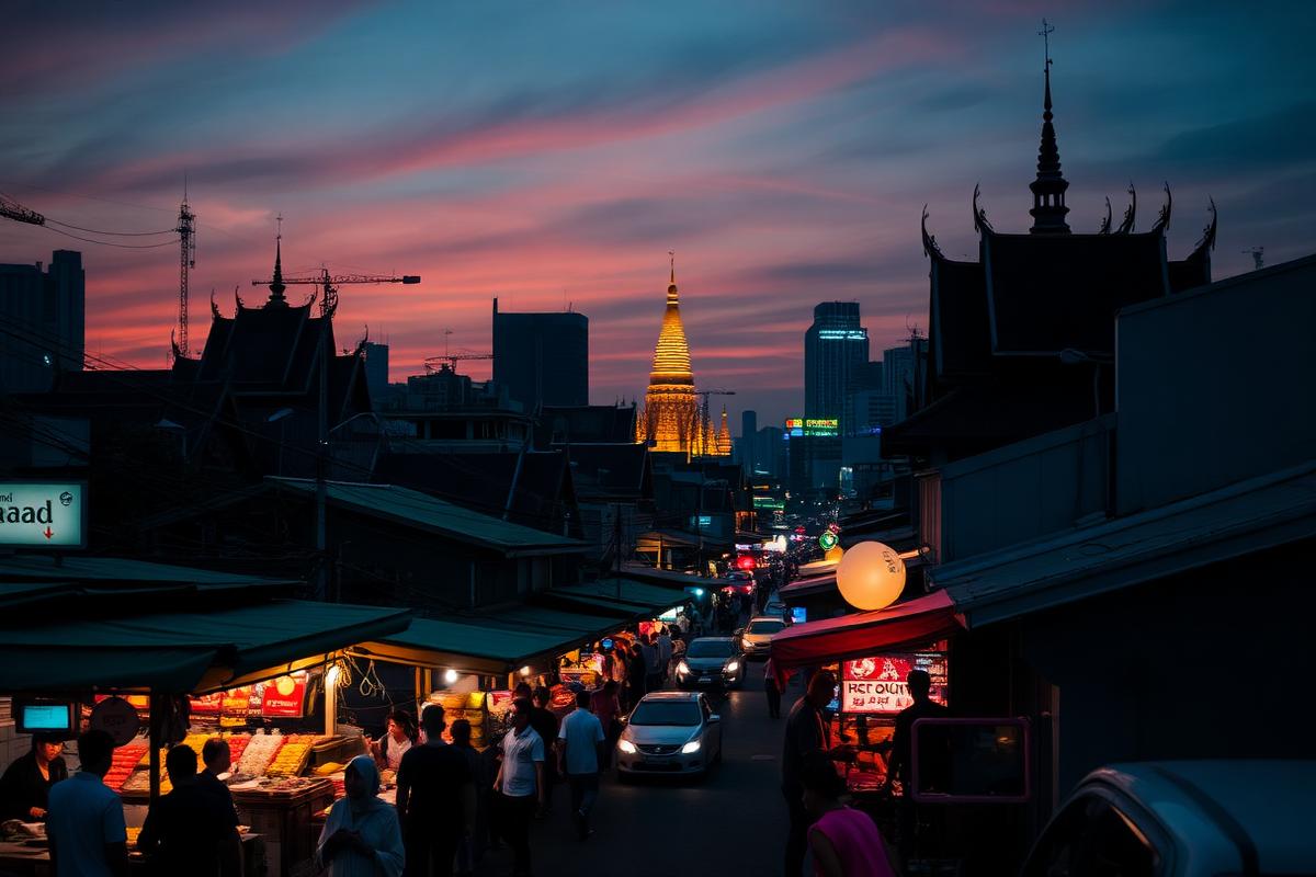 Bangkoks skyline og tempeltårne i aftenlys