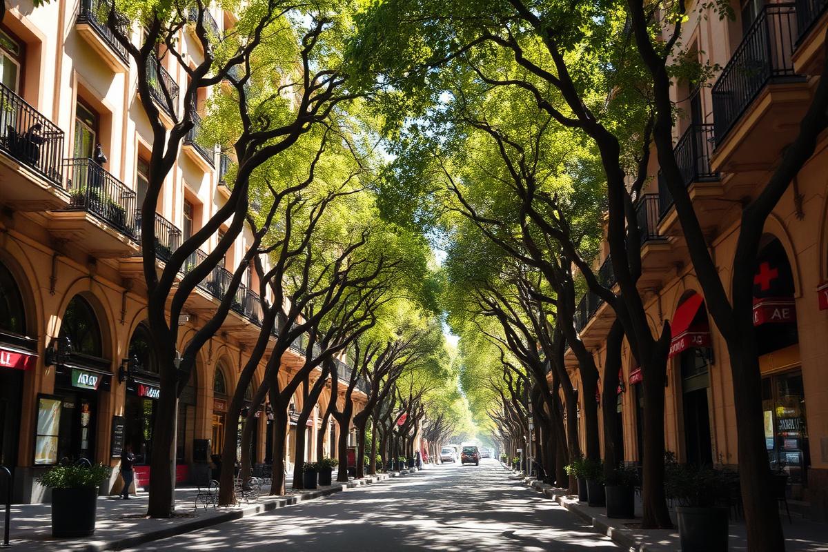 Træbevokset avenue i Barcelona med balkoner og cafemarkiser