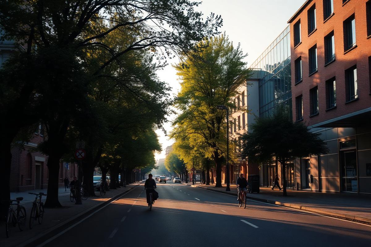 Bred berlinsk allé med træer, cykler og facader i eftermiddagslys