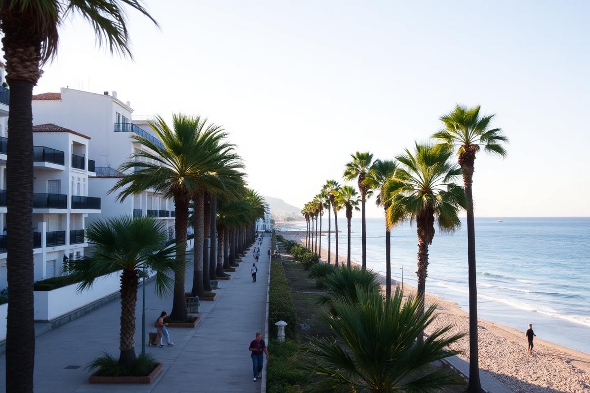 Palmepromenade langs strand på den andalusiske kyst