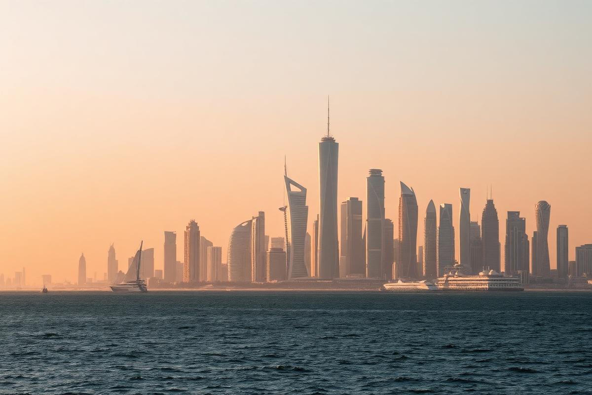 Dubais skyline set fra stranden ved solnedgang