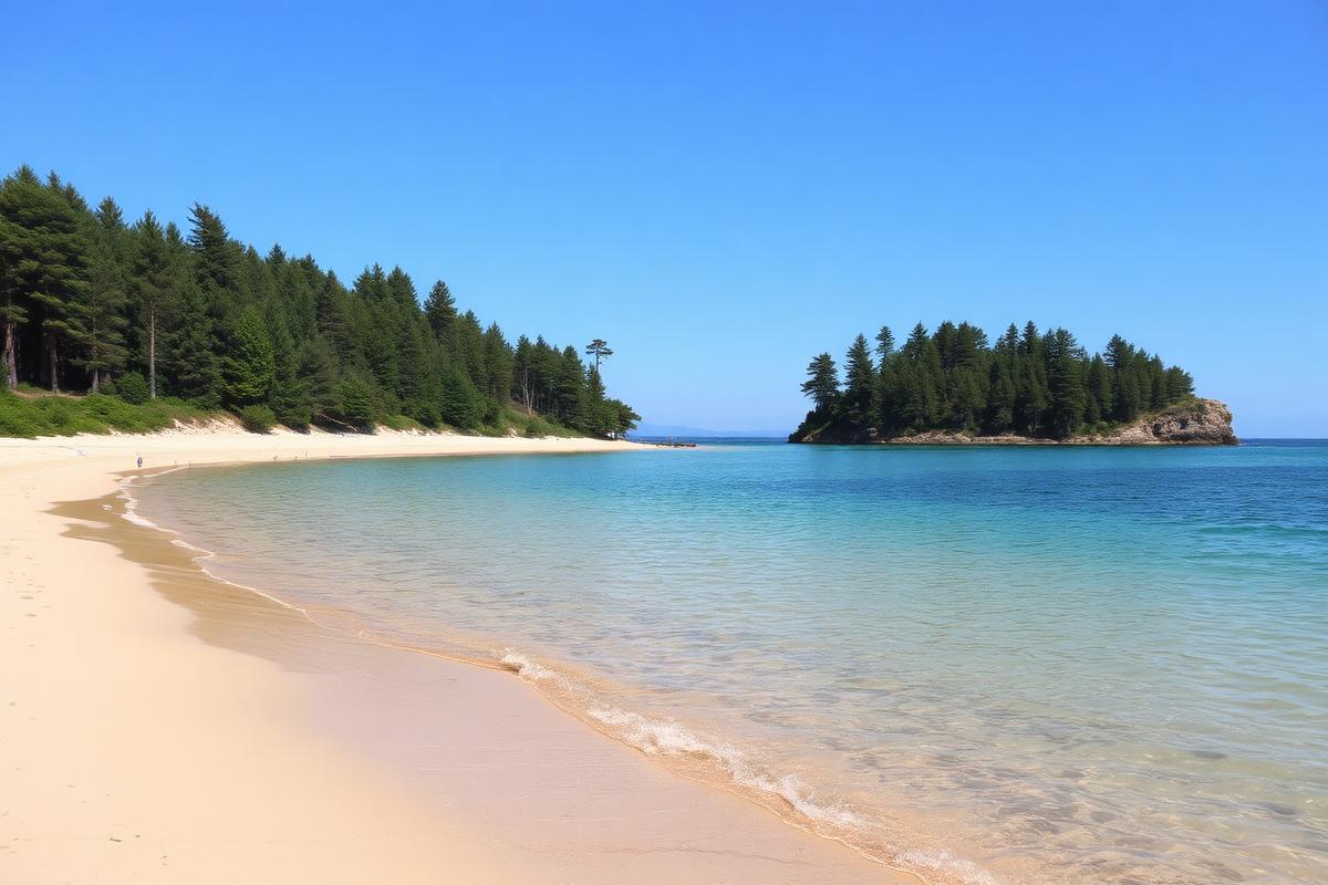 Bred sandstrand ved Sortehavet med skov bagved