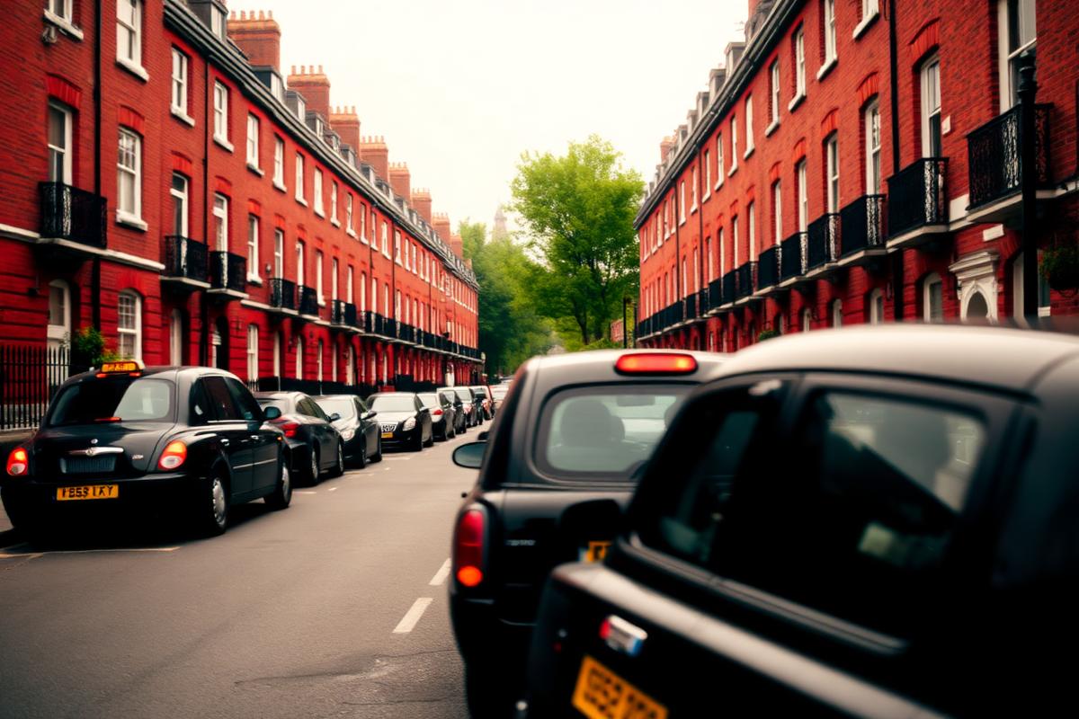 Londonsk gade med røde murstensrækkehuse og sorte taxaer