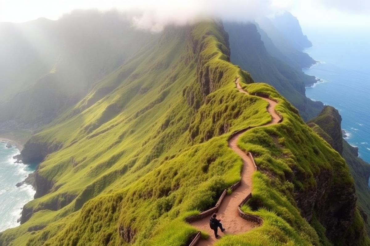 Grøn bjergside på Madeira med udsigt over Atlanterhavet