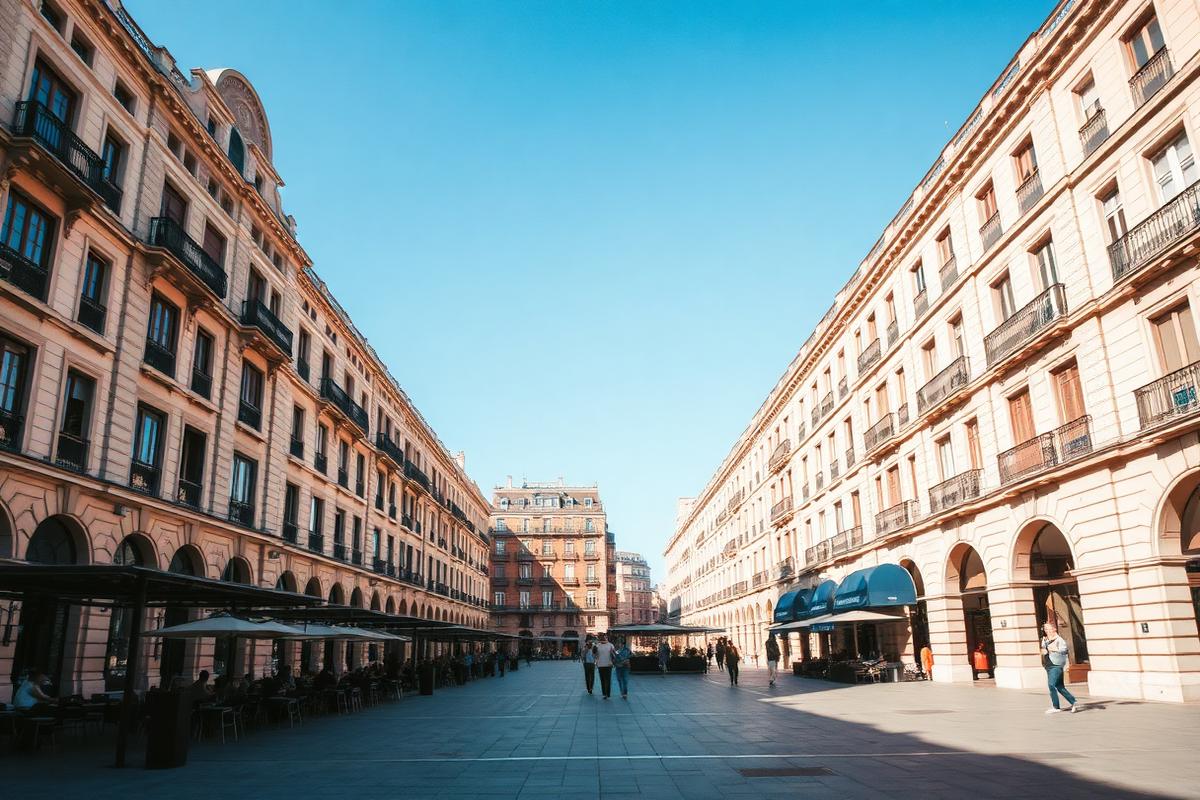 Stor plads i Madrid med stenfacader og cafeterrasser under blå himmel