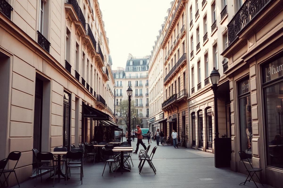 Parisisk gade med klassiske facader og cafestole på fortovet