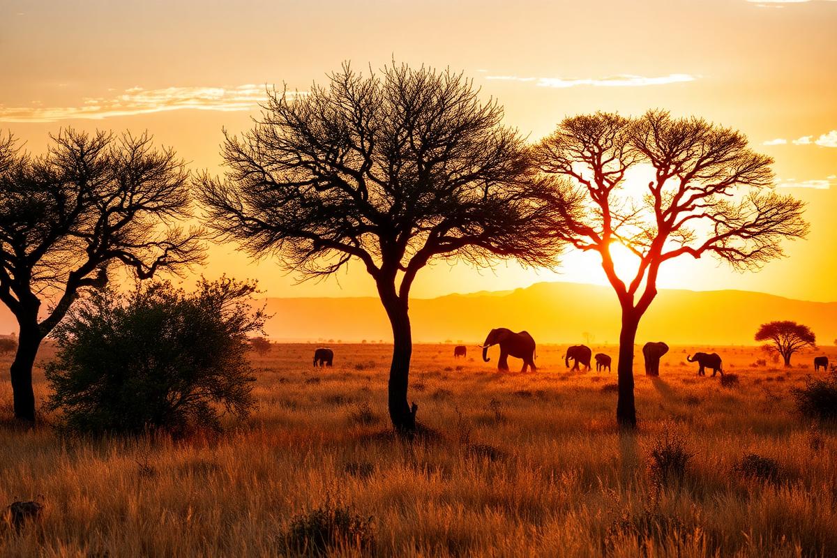 Savannelandskab med akacietræer og dyr ved solopgang