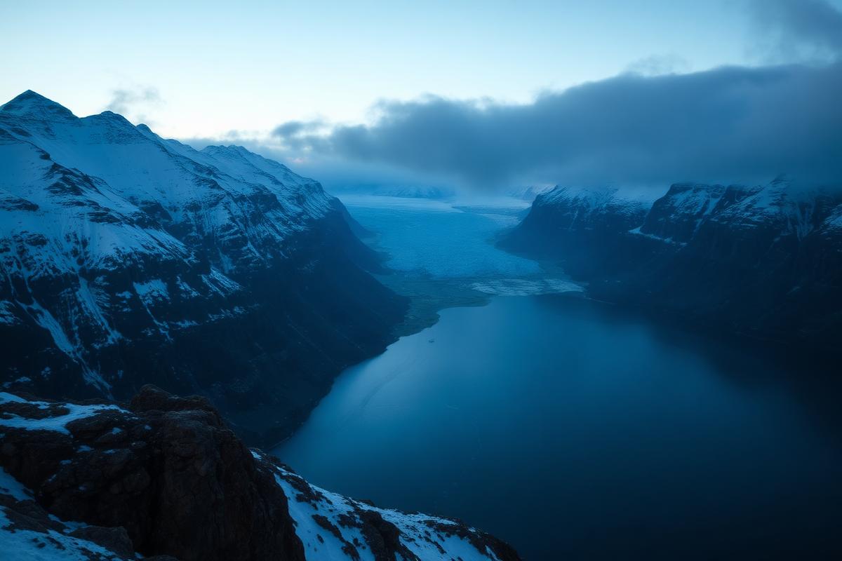 Arktisk landskab med sne, bjerge og fjord