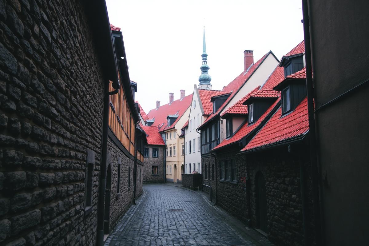 Brostensgade mellem stenmure og røde tage i Tallinns gamle bydel